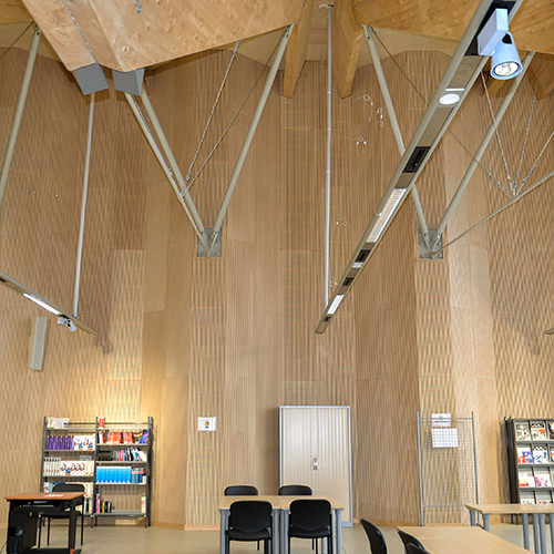 Panneaux acoustiques en bois ab pano 50 au mur et plafond d'une salle polyvalente