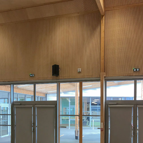 Panneaux acoustiques bois rainurés ab pano 50 aux murs et plafonds d'un groupe scolaire